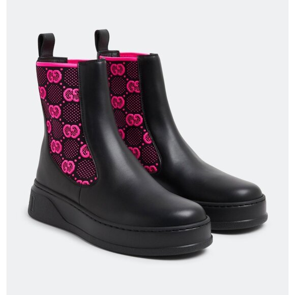 Gucci Shoes - Gucci Women’s Dali Soft Technical GG Jersey Leather Boots Black Fuchsia Sz37